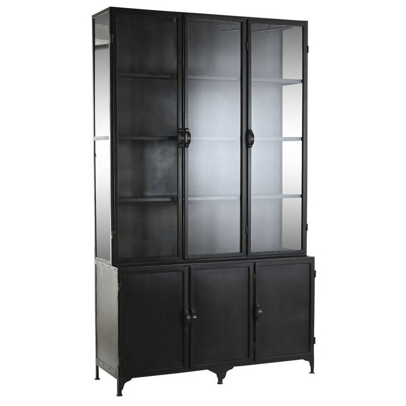 Grand Buffet Vitrine industriel Haut 6 portes en Métal Noir Verre Transparent Albatera - 1