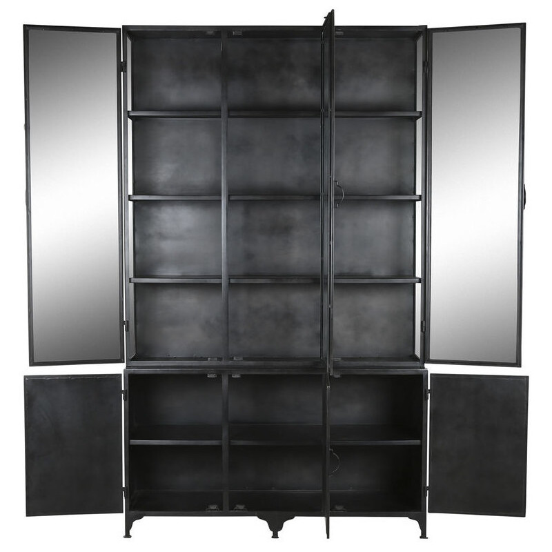 Grand Buffet Vitrine industriel Haut 6 portes en Métal Noir Verre Transparent Albatera - 3