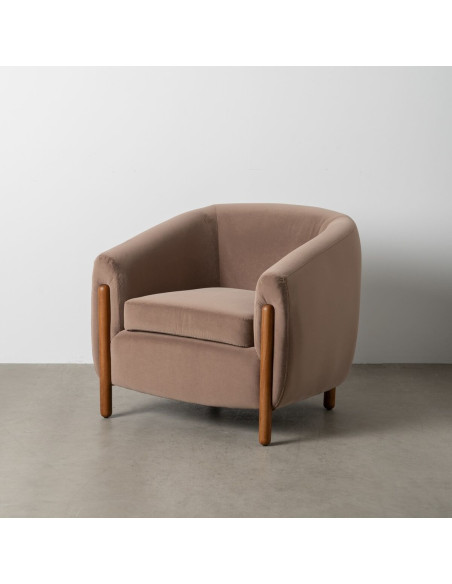 Grand Fauteuil moderne chic en Velours Taupe Bois d'hévéa Naturel Bueu - 2
