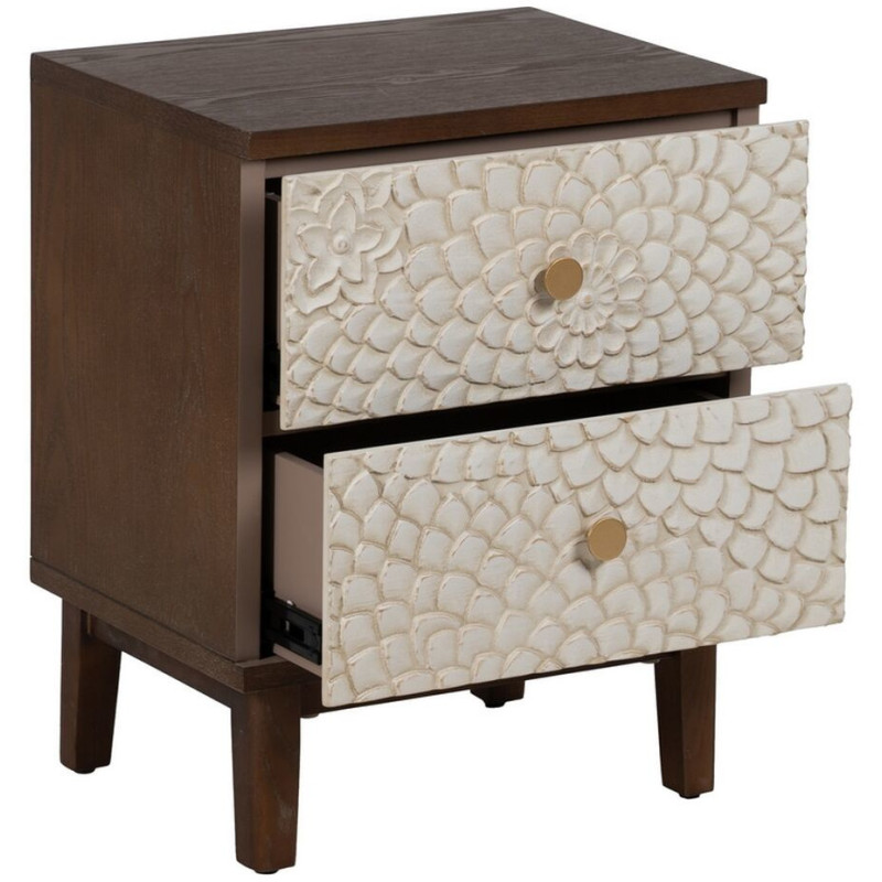 Chevet moderne 2 tiroirs en Bois de pin Bois MDF Marron Blanc Motif fleurs Manacor - 3
