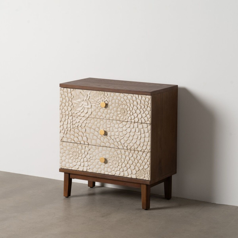 Petite commode moderne 3 tiroirs en Bois de pin Bois MDF Marron Blanc Motif fleurs Manacor - 8
