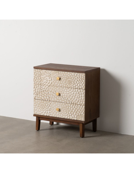 Petite commode moderne 3 tiroirs en Bois de pin Bois MDF Marron Blanc Motif fleurs Manacor - 8