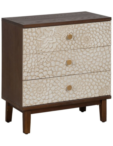 Petite commode moderne 3 tiroirs en Bois de pin Bois MDF Marron Blanc Motif fleurs Manacor - 1