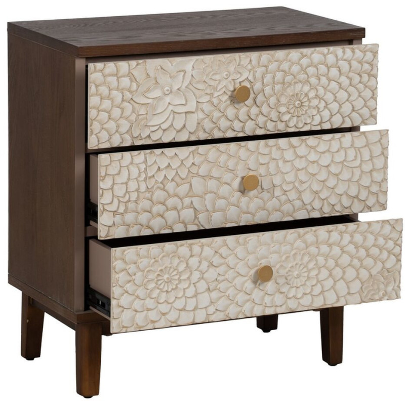 Petite commode moderne 3 tiroirs en Bois de pin Bois MDF Marron Blanc Motif fleurs Manacor - 3