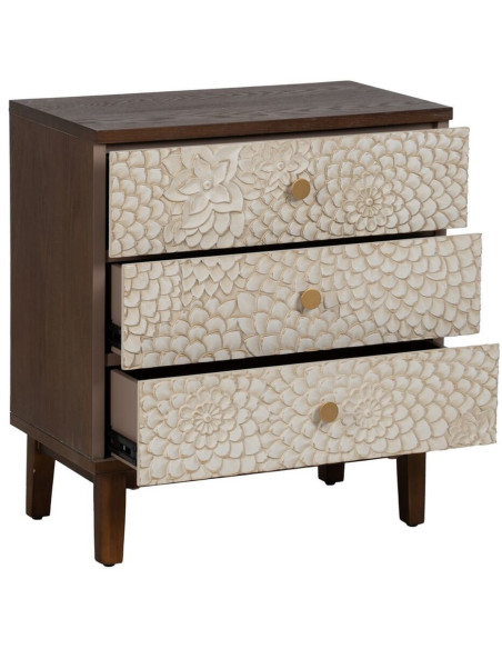 Petite commode moderne 3 tiroirs en Bois de pin Bois MDF Marron Blanc Motif fleurs Manacor - 3