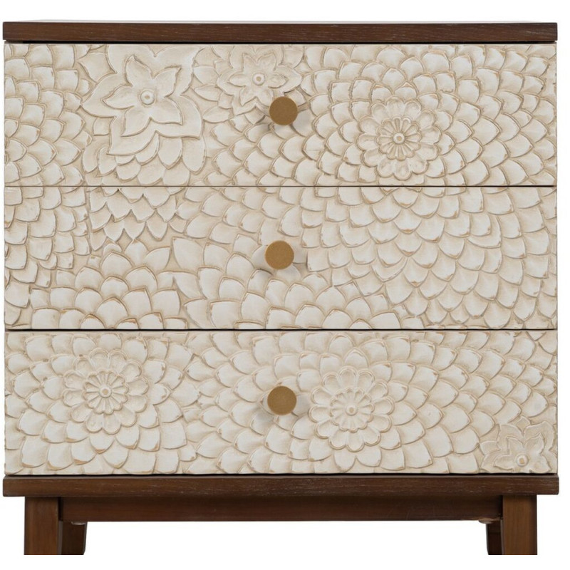 Petite commode moderne 3 tiroirs en Bois de pin Bois MDF Marron Blanc Motif fleurs Manacor - 2