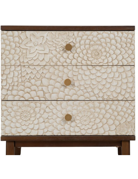 Petite commode moderne 3 tiroirs en Bois de pin Bois MDF Marron Blanc Motif fleurs Manacor - 2