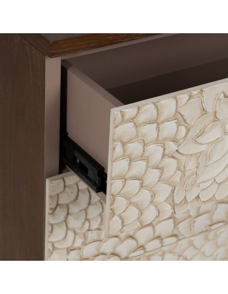 Petite commode moderne 3 tiroirs en Bois de pin Bois MDF Marron Blanc Motif fleurs Manacor - 5