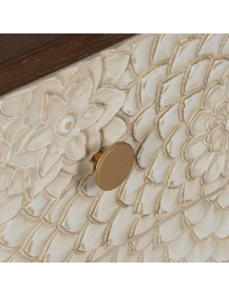 Petite commode moderne 3 tiroirs en Bois de pin Bois MDF Marron Blanc Motif fleurs Manacor - 6