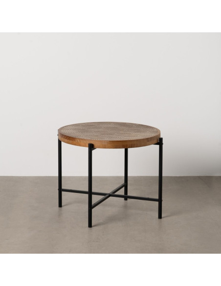Grande Table d'appoint indienne Ronde en Bois de pin Naturel Sculpté Métal Noir Gata - 8