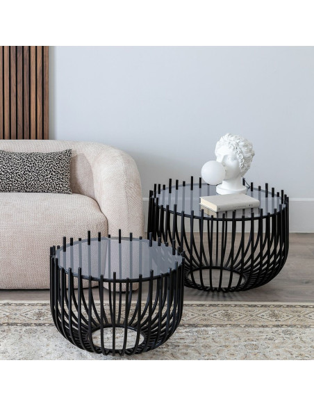 Table basse moderne Ronde en Verre Transparent Métal Noir Laudio (Lot de 2) - 2