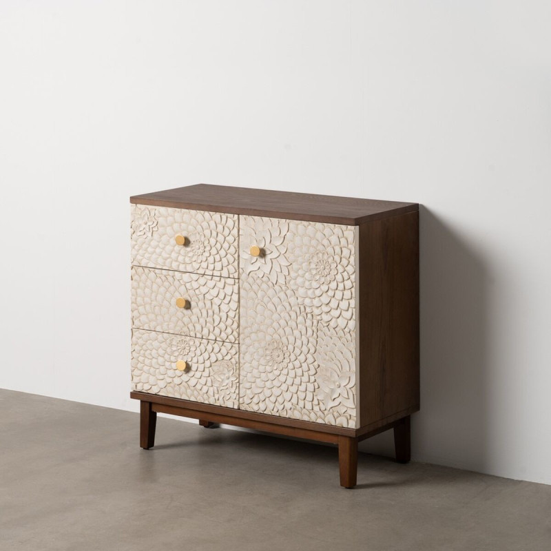 Petit Buffet moderne Bas 1 porte 3 tiroirs en Bois de pin Bois MDF Marron Blanc Motif fleurs Manacor - 8