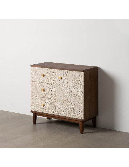 Petit Buffet moderne Bas 1 porte 3 tiroirs en Bois de pin Bois MDF Marron Blanc Motif fleurs Manacor - 8