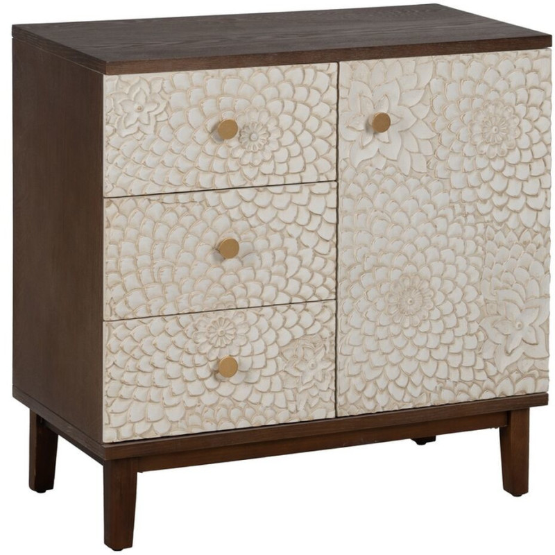 Petit Buffet moderne Bas 1 porte 3 tiroirs en Bois de pin Bois MDF Marron Blanc Motif fleurs Manacor - 1
