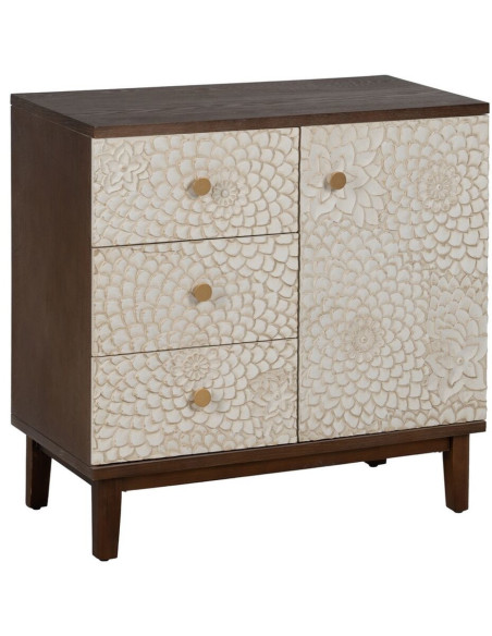 Petit Buffet moderne Bas 1 porte 3 tiroirs en Bois de pin Bois MDF Marron Blanc Motif fleurs Manacor - 1