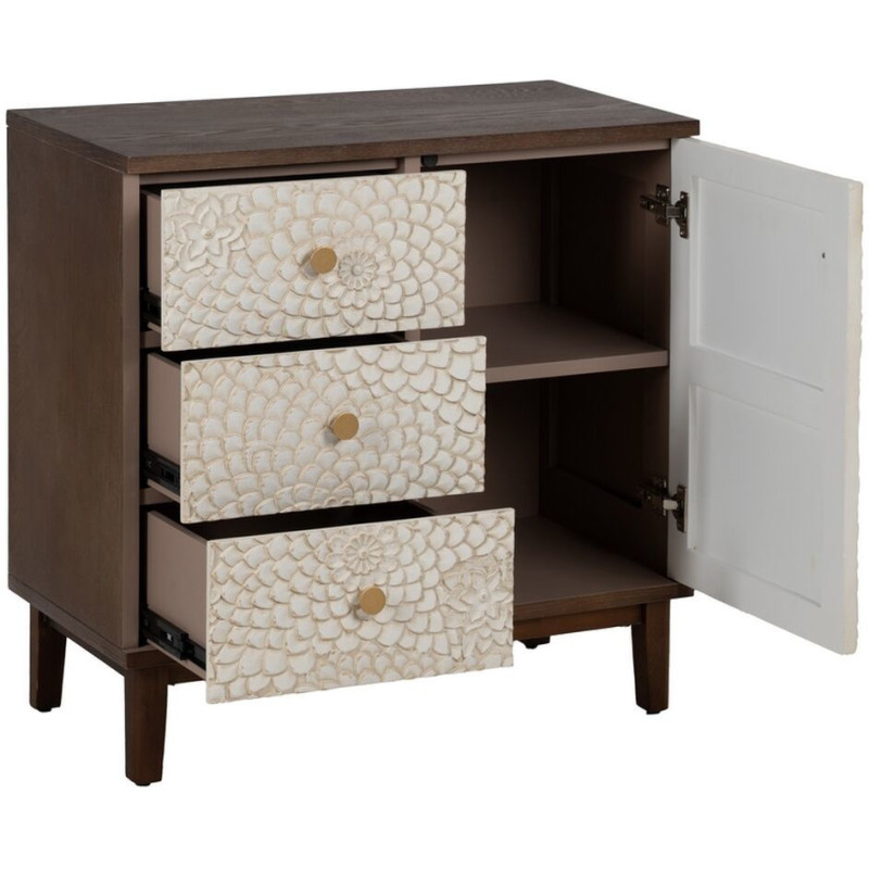 Petit Buffet moderne Bas 1 porte 3 tiroirs en Bois de pin Bois MDF Marron Blanc Motif fleurs Manacor - 3