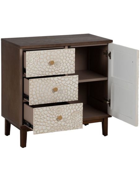 Petit Buffet moderne Bas 1 porte 3 tiroirs en Bois de pin Bois MDF Marron Blanc Motif fleurs Manacor - 3