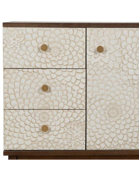 Petit Buffet moderne Bas 1 porte 3 tiroirs en Bois de pin Bois MDF Marron Blanc Motif fleurs Manacor - 2