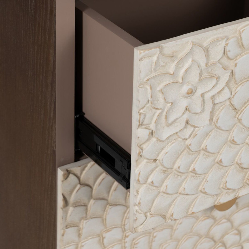 Petit Buffet moderne Bas 1 porte 3 tiroirs en Bois de pin Bois MDF Marron Blanc Motif fleurs Manacor - 6