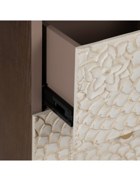 Petit Buffet moderne Bas 1 porte 3 tiroirs en Bois de pin Bois MDF Marron Blanc Motif fleurs Manacor - 6