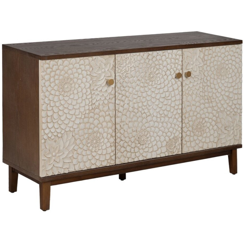 Buffet moderne Bas 3 portes en Bois de pin Bois MDF Marron Blanc Motif fleurs Manacor - 1