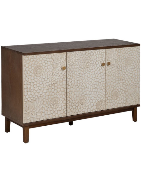 Buffet moderne Bas 3 portes en Bois de pin Bois MDF Marron Blanc Motif fleurs Manacor - 1