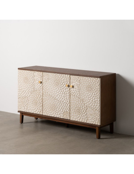 Buffet moderne Bas 3 portes en Bois de pin Bois MDF Marron Blanc Motif fleurs Manacor - 2