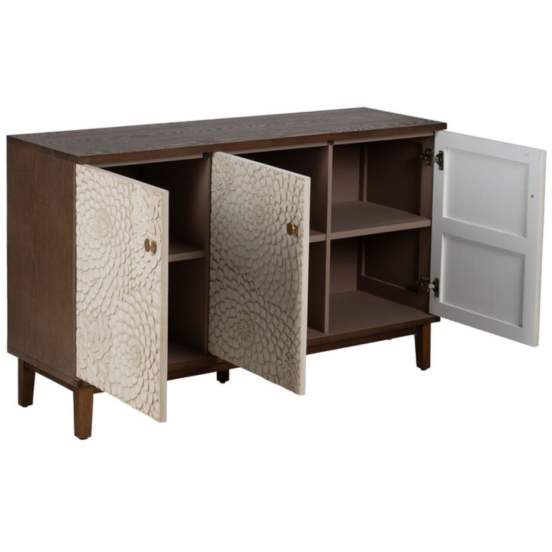 Buffet moderne Bas 3 portes en Bois de pin Bois MDF Marron Blanc Motif fleurs Manacor - 3