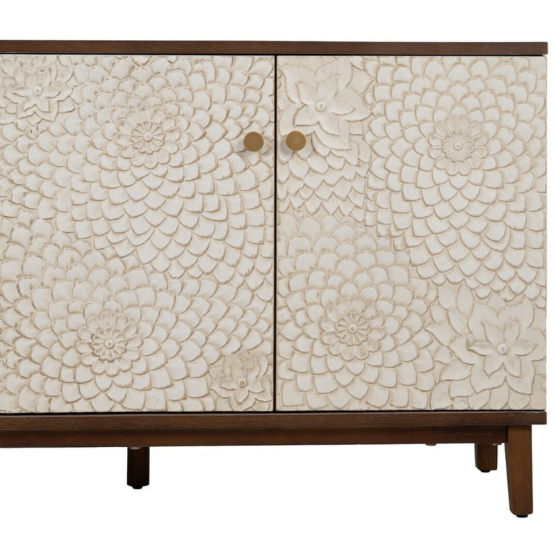 Buffet moderne Bas 3 portes en Bois de pin Bois MDF Marron Blanc Motif fleurs Manacor - 5