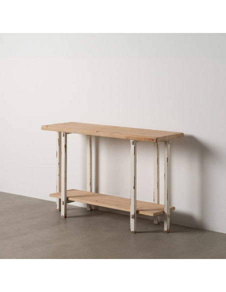 Grande Console Campagne chic Rectangulaire 1 étagère en Bois de sapin Blanc crème Vieilli Naturel Formentera - 2