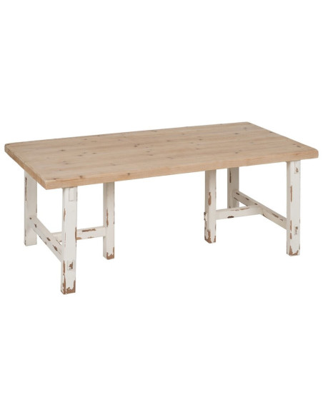 Grande Table basse Campagne chic Rectangulaire en Bois de sapin Blanc crème Vieilli Naturel Formentera - 1