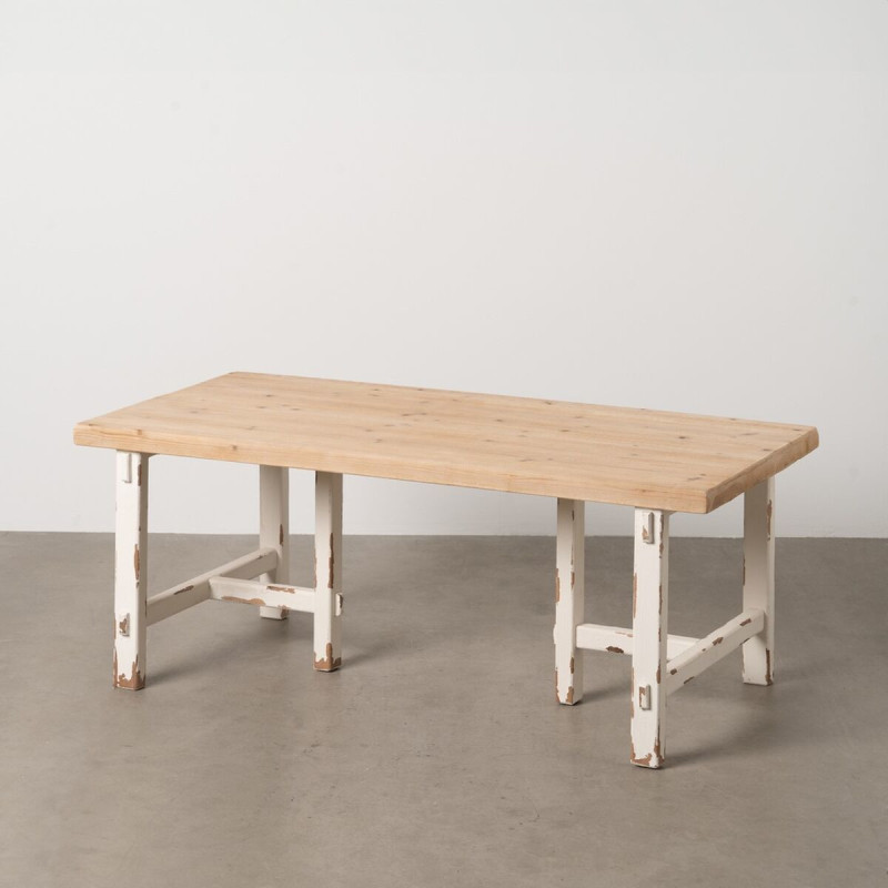 Grande Table basse Campagne chic Rectangulaire en Bois de sapin Blanc crème Vieilli Naturel Formentera - 2