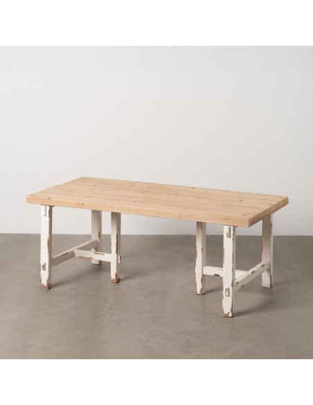 Grande Table basse Campagne chic Rectangulaire en Bois de sapin Blanc crème Vieilli Naturel Formentera - 2