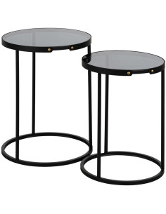 Table d'appoint gigogne moderne chic Ronde en Métal Noir Verre Transparent Telde (Lot de 2) - 1