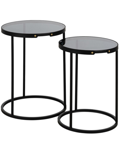 Table d'appoint gigogne moderne chic Ronde en Métal Noir Verre Transparent Telde (Lot de 2) - 1