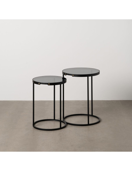 Table d'appoint gigogne moderne chic Ronde en Métal Noir Verre Transparent Telde (Lot de 2) - 2