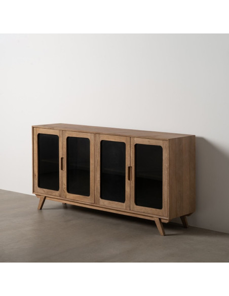 Grand Buffet enfilade moderne Bas 4 portes en Bois de manguier Naturel Verre Noir Semi transparent Burnie - 2