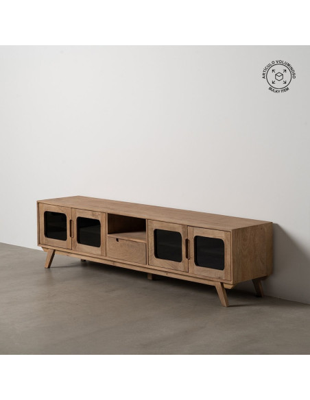 Grand Meuble de télé moderne 4 portes 1 tiroir 1 niche en Bois de manguier Naturel Verre Noir Semi transparent Burnie - 2
