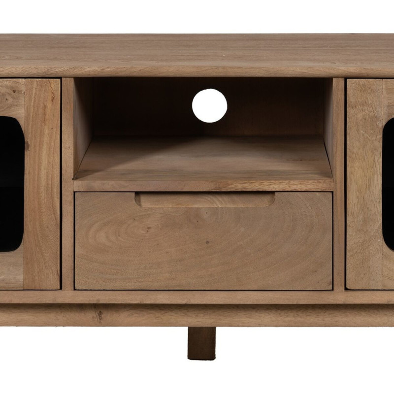 Grand Meuble de télé moderne 4 portes 1 tiroir 1 niche en Bois de manguier Naturel Verre Noir Semi transparent Burnie - 5