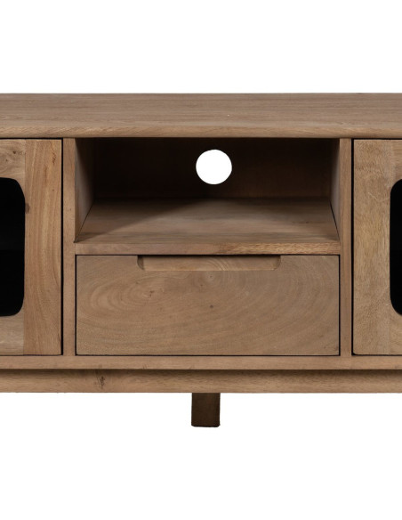 Grand Meuble de télé moderne 4 portes 1 tiroir 1 niche en Bois de manguier Naturel Verre Noir Semi transparent Burnie - 5