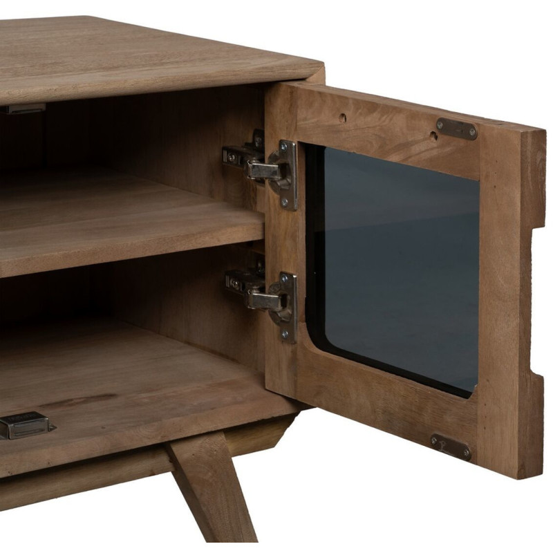 Grand Meuble de télé moderne 4 portes 1 tiroir 1 niche en Bois de manguier Naturel Verre Noir Semi transparent Burnie - 6