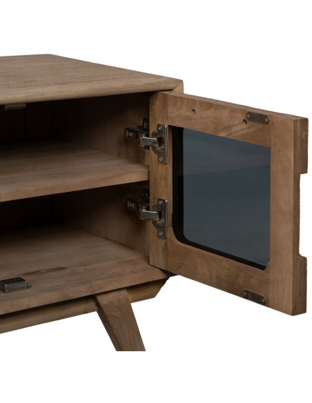 Grand Meuble de télé moderne 4 portes 1 tiroir 1 niche en Bois de manguier Naturel Verre Noir Semi transparent Burnie - 6