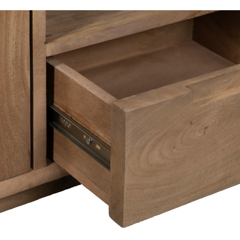 Grand Meuble de télé moderne 4 portes 1 tiroir 1 niche en Bois de manguier Naturel Verre Noir Semi transparent Burnie - 7