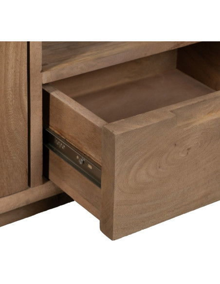 Grand Meuble de télé moderne 4 portes 1 tiroir 1 niche en Bois de manguier Naturel Verre Noir Semi transparent Burnie - 7