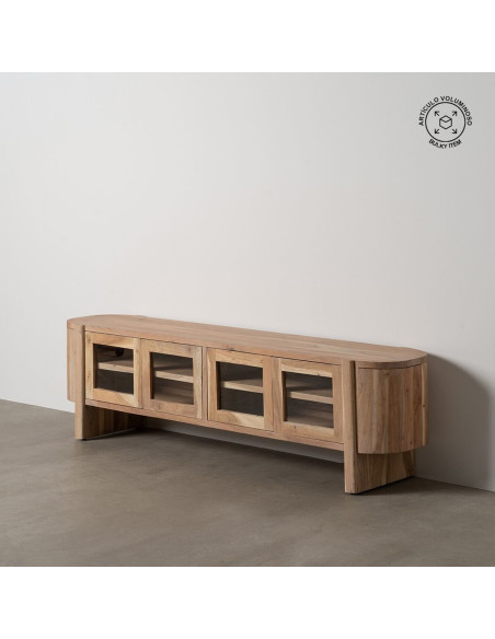 Grand Meuble télé moderne 4 portes en Bois d'acacia Naturel Verre Transparent Creel - 2
