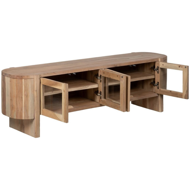 Grand Meuble télé moderne 4 portes en Bois d'acacia Naturel Verre Transparent Creel - 3