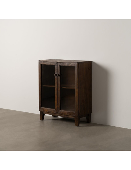 Petit Buffet Vitrine moderne Bas 2 portes en Bois de manguier Marron Verre Transparent Comillas - 2