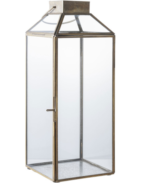 Grande Lanterne Photophore pour bougie Hauteur 35 cm Verre Transparent Métal Doré Effet laiton vieilli Mysore - 1