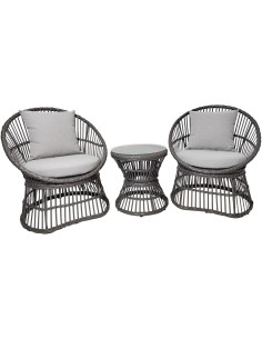 Salon de jardin moderne 2 Fauteuils 1 Table basse Rotin synthétique Métal Tissu Gris Natal - 1