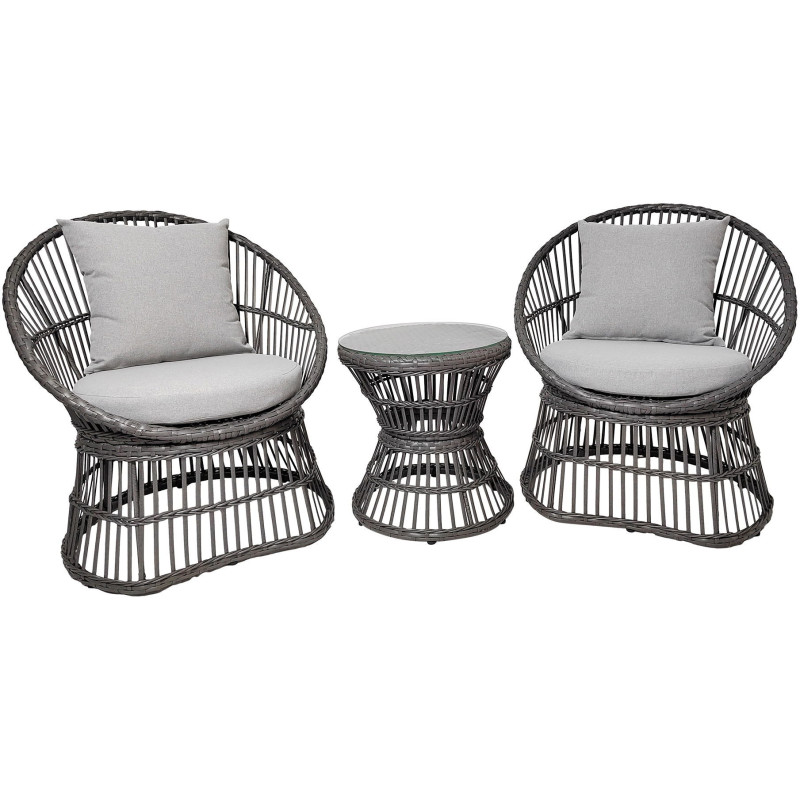 Salon de jardin moderne 2 Fauteuils 1 Table basse Rotin synthétique Métal Tissu Gris Natal - 1